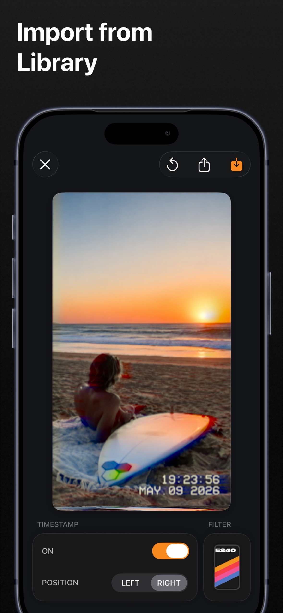E240 app screenshot — import videos from library